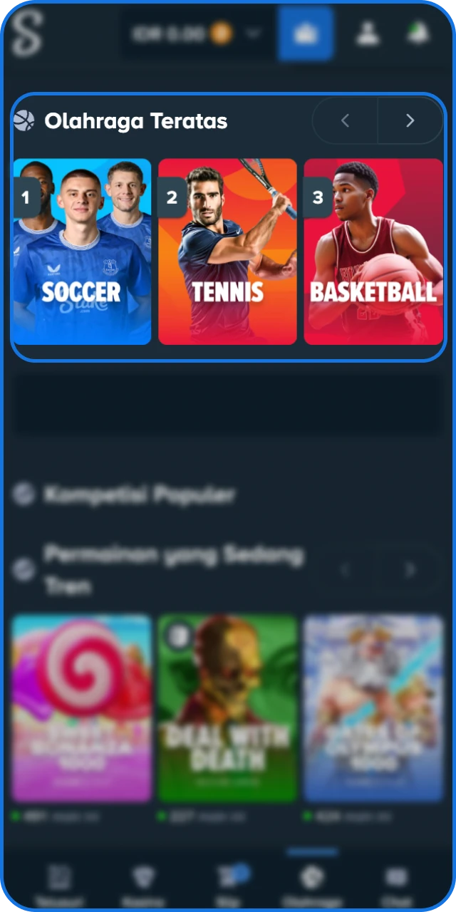 Pilih olahraga dan kompetisi yang ingin Anda pasang di Stake App.