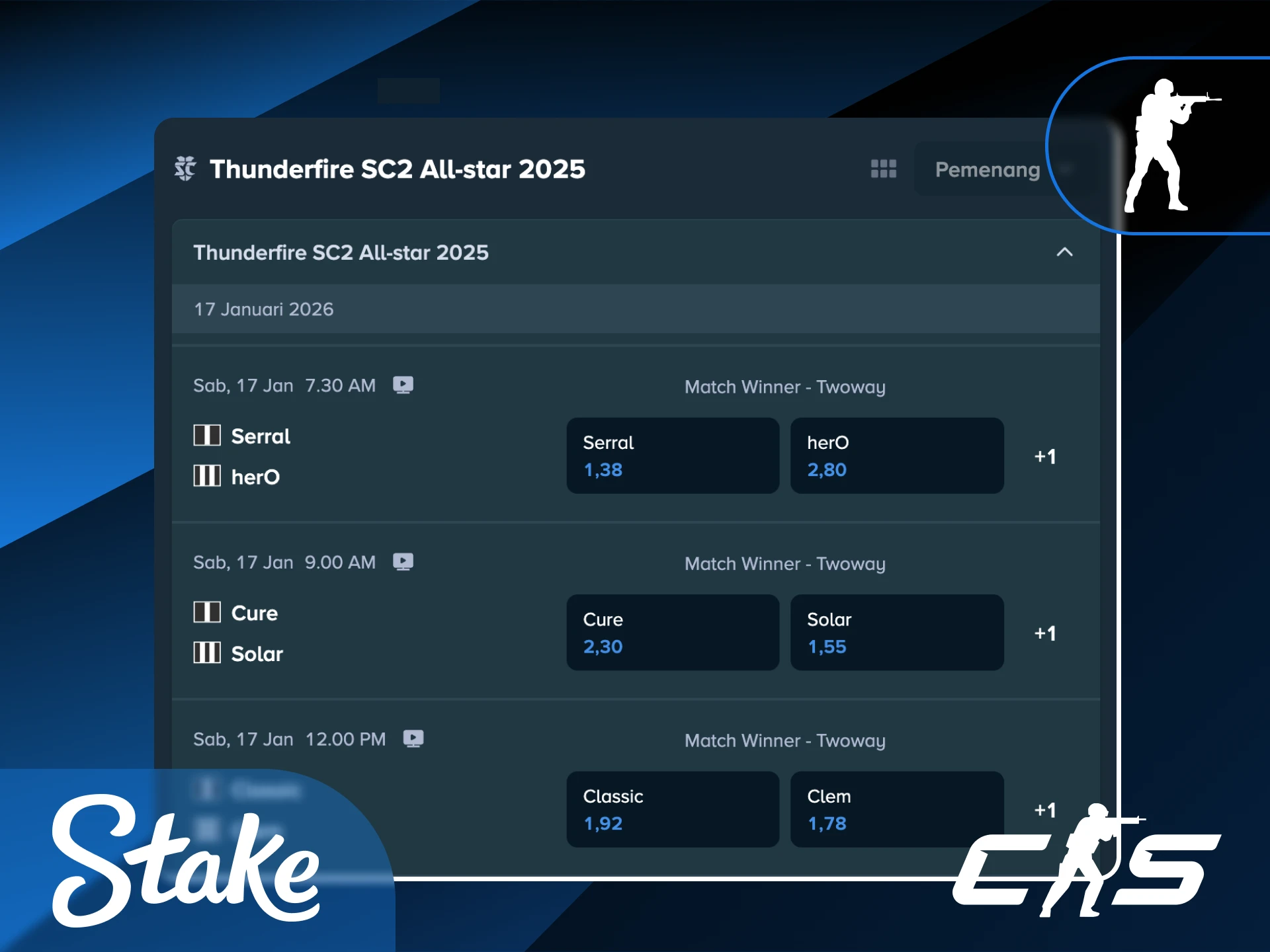 Analisis peluang taruhan CS2 untuk setiap ronde pertandingan kompetitif di Stake Indonesia.