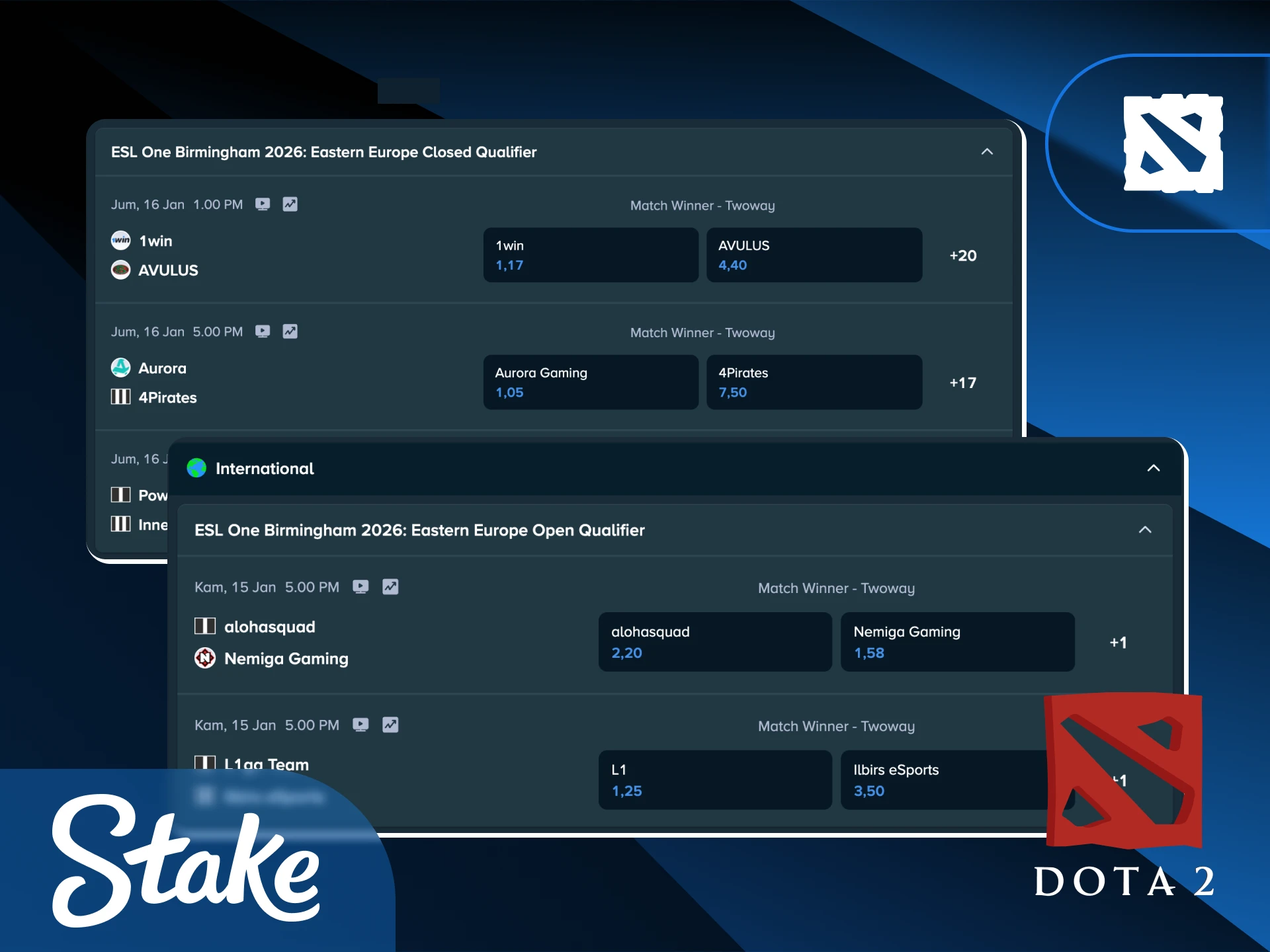 Pasang taruhan Dota 2 pada pasar populer dan nikmati mode live betting di Stake Indonesia.