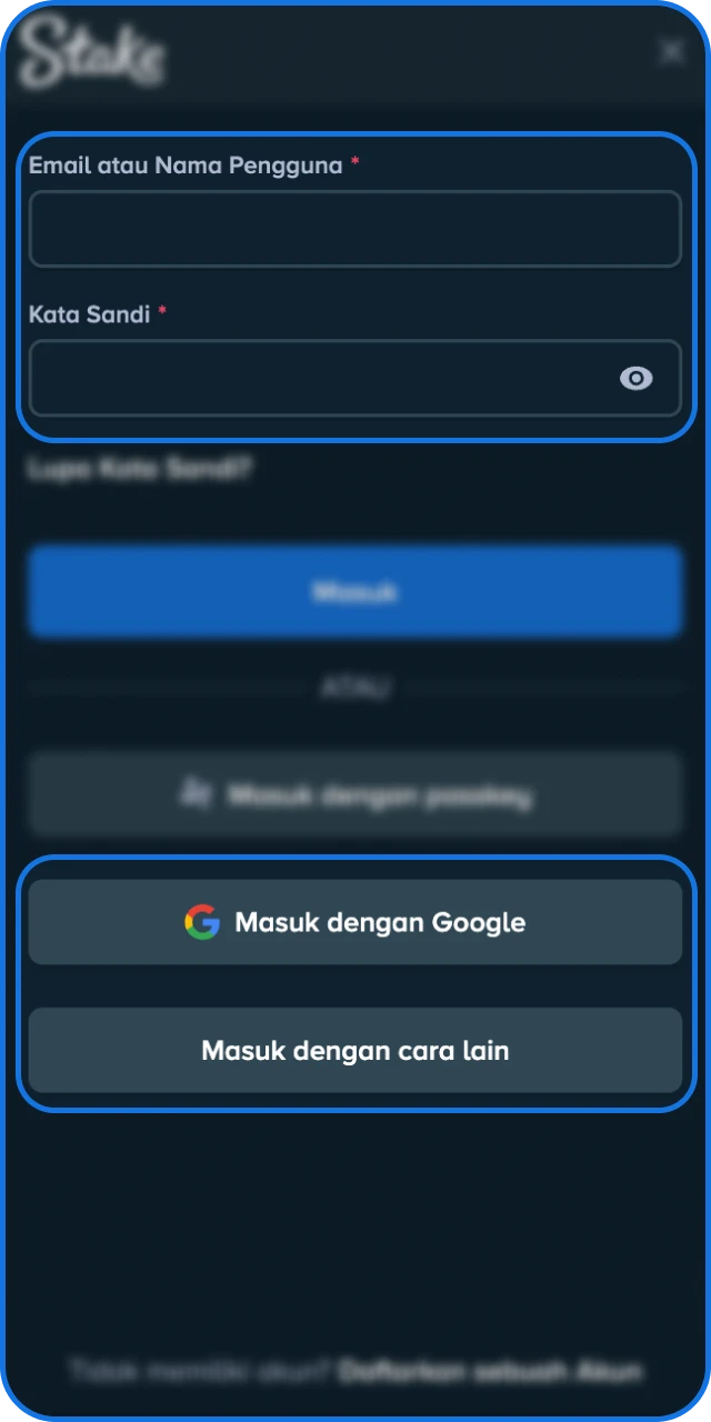 Pilih metode masuk yang paling sesuai bagi Anda di Stake Indonesia.