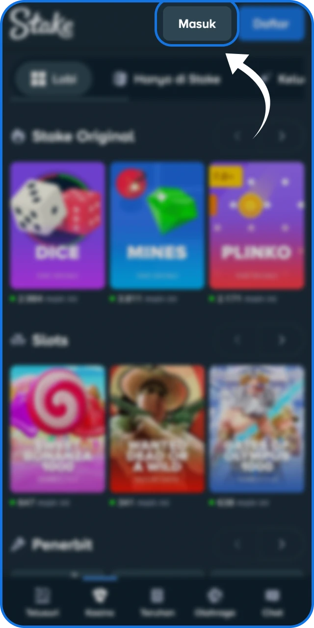 Klik Login pada pojok kanan atas untuk memulai sesi di Stake Indonesia.