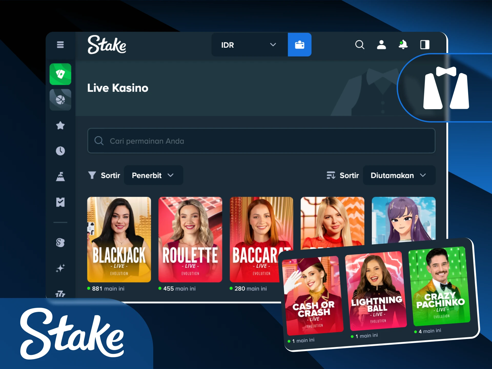 Rasakan sensasi live casino yang imersif bersama dealer asli di Stake Indonesia.