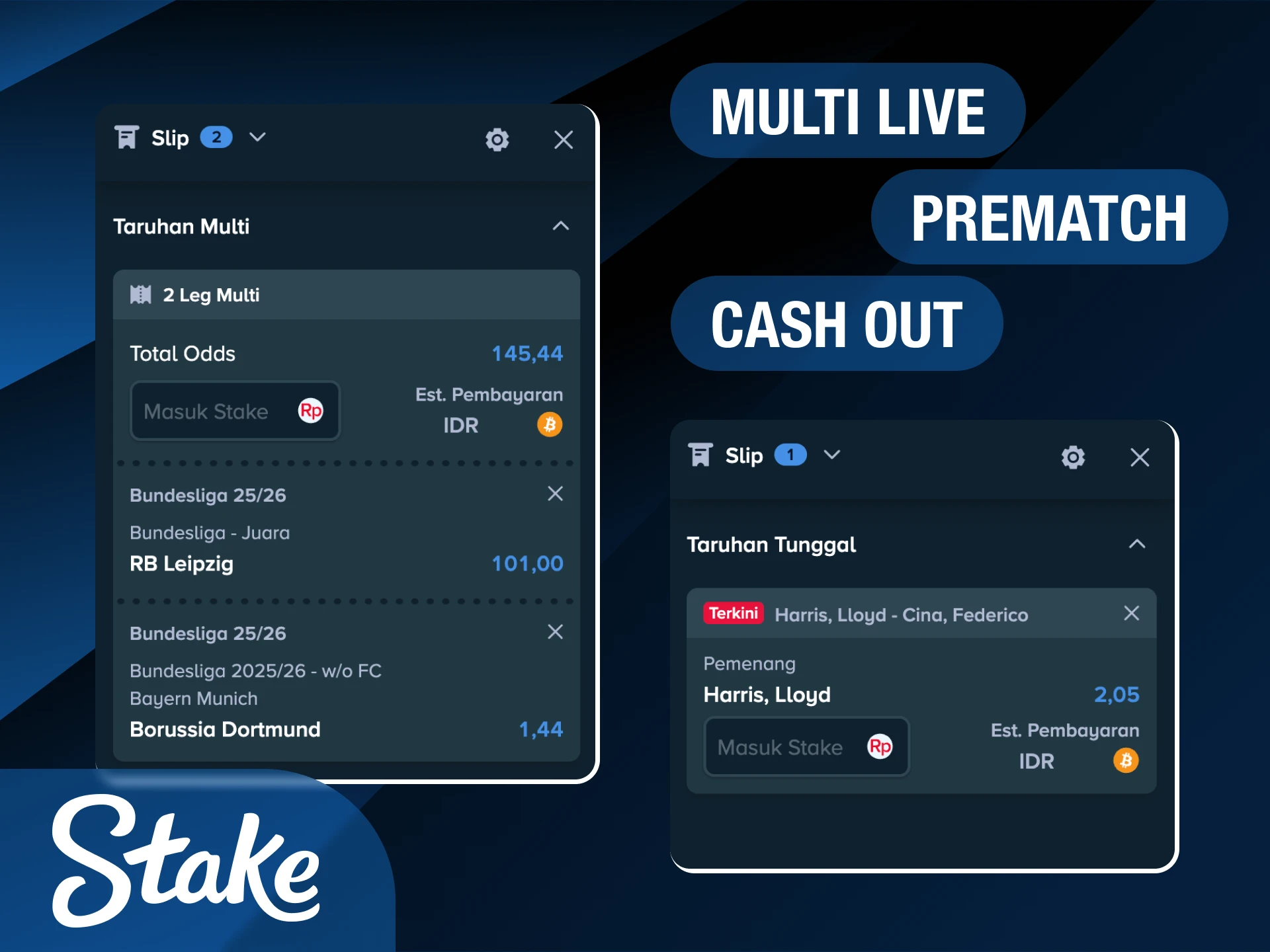 Pilih opsi taruhan favorit Anda untuk meraih kemenangan di Stake Indonesia.