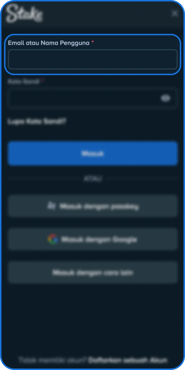 Ketik Email Anda pada kolom masuk yang tersedia di Stake Indonesia.