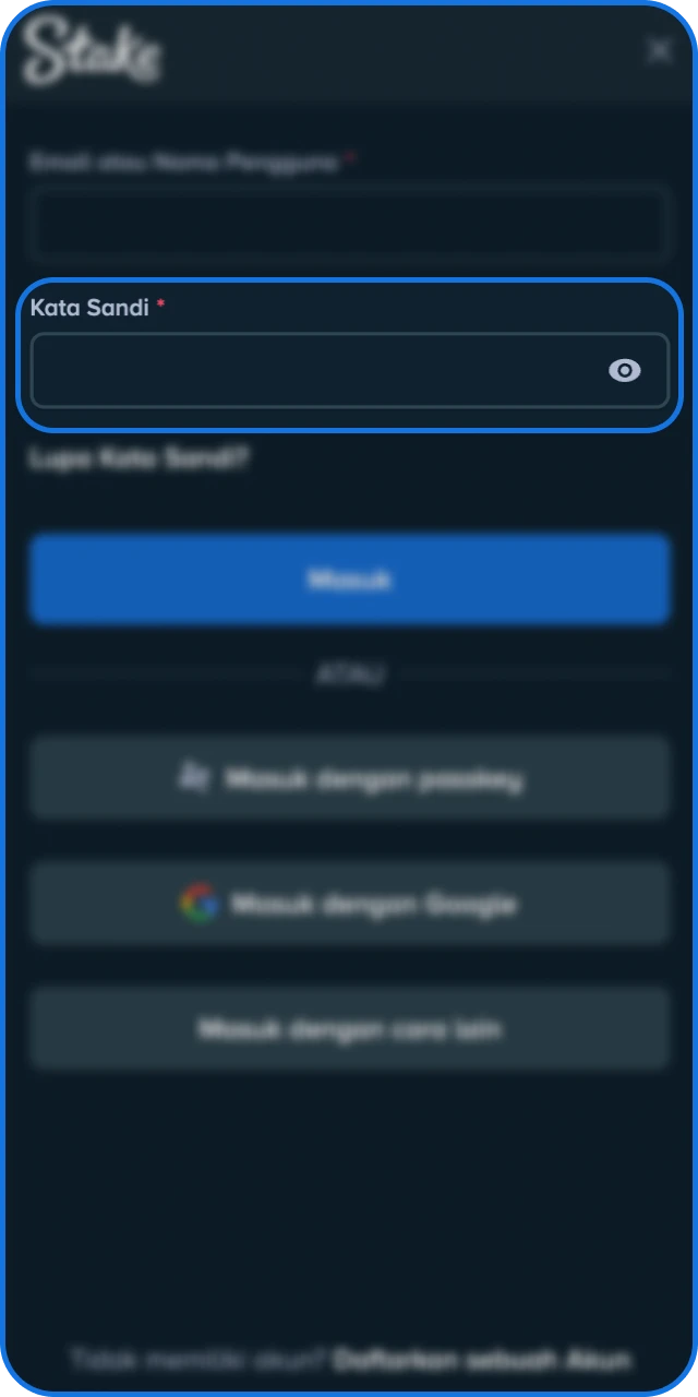 Masukkan Kata Sandi dengan benar untuk keamanan akun Stake Indonesia Anda.
