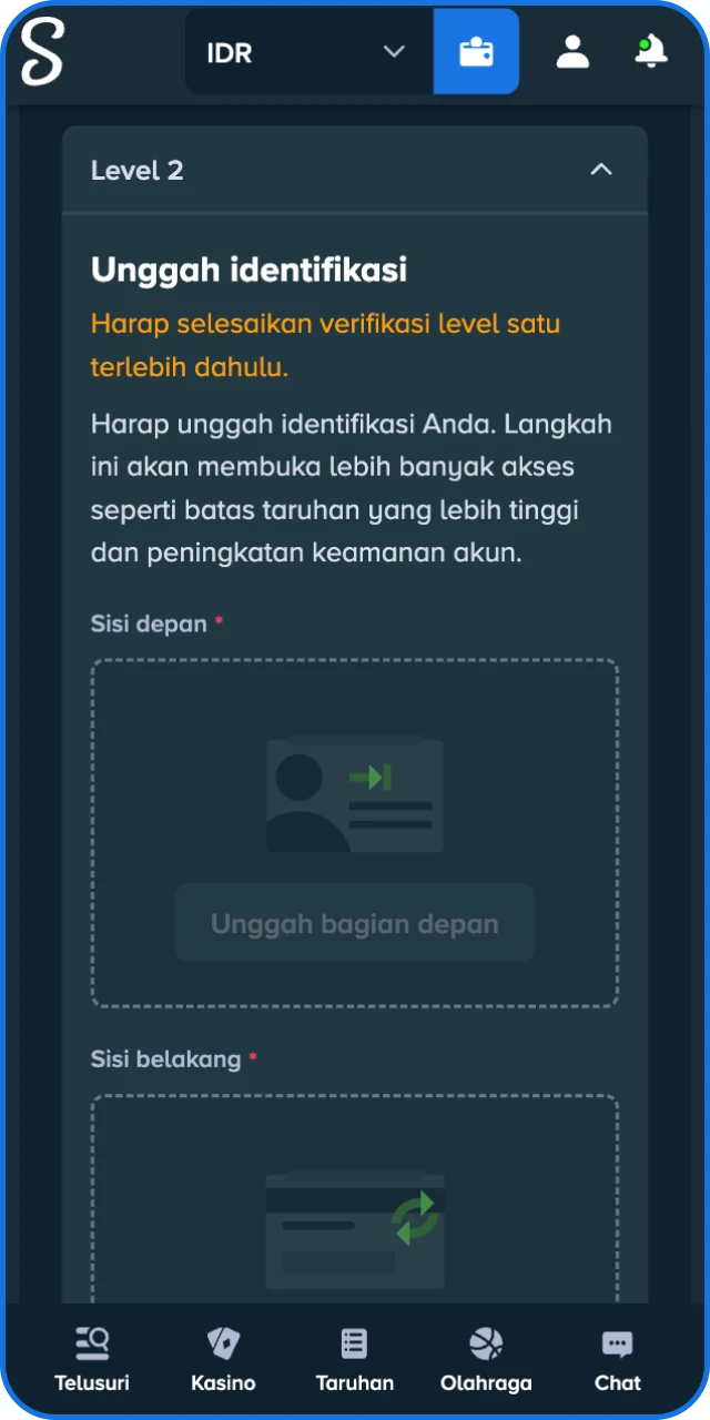 Unggah Identitas resmi Anda ke sistem Stake Indonesia agar segera diverifikasi.